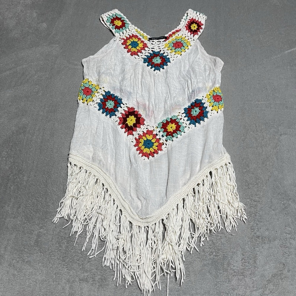 Paradise Top Womens Small Crochet Fringe Granny Square Sleeveless Beach Featival